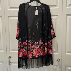 Black/multicolored floral shawl with tassels